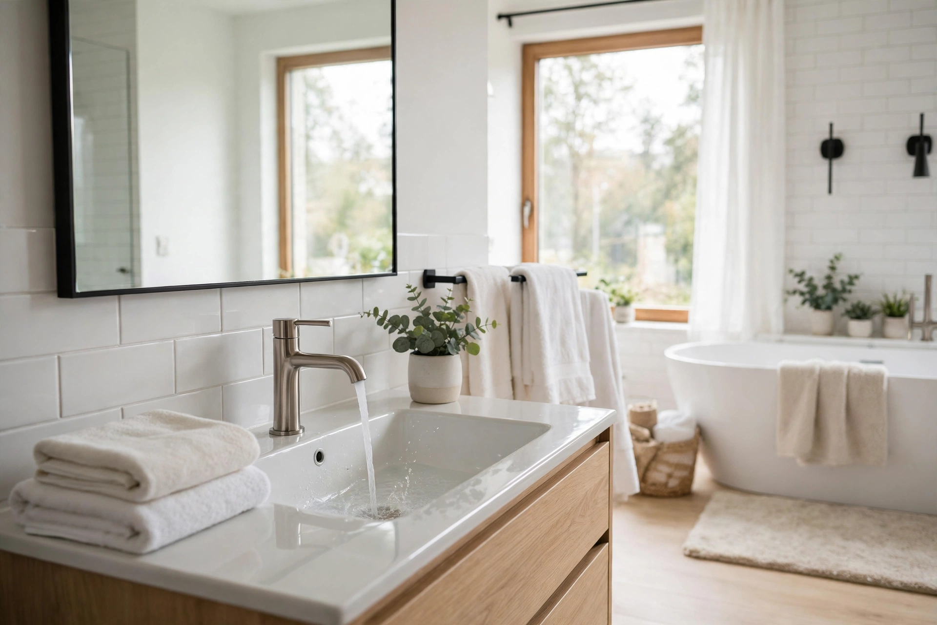 Clean modern bathroom with water running from the faucet